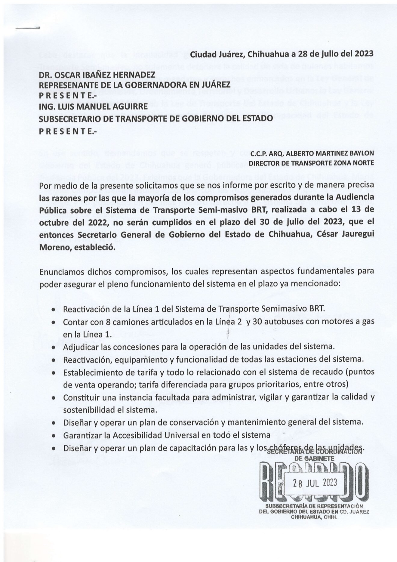 Oficio Recibido De Estatus De Compromisos Audencia Brt Plan Estratégico De Juárez 1797